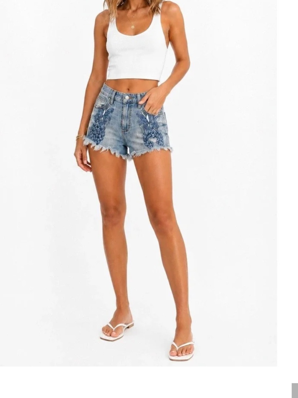 Guess 31 Denim Floral Embroidered Frayed Hem Women's Shorts - Blue